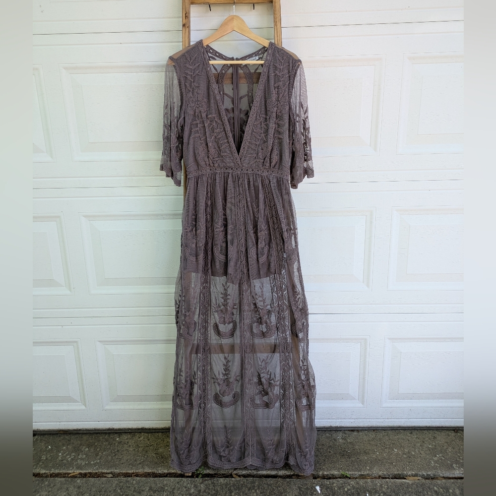 Wishlist Elegant Sheer Purple Lace Romper - Picture 2 of 7